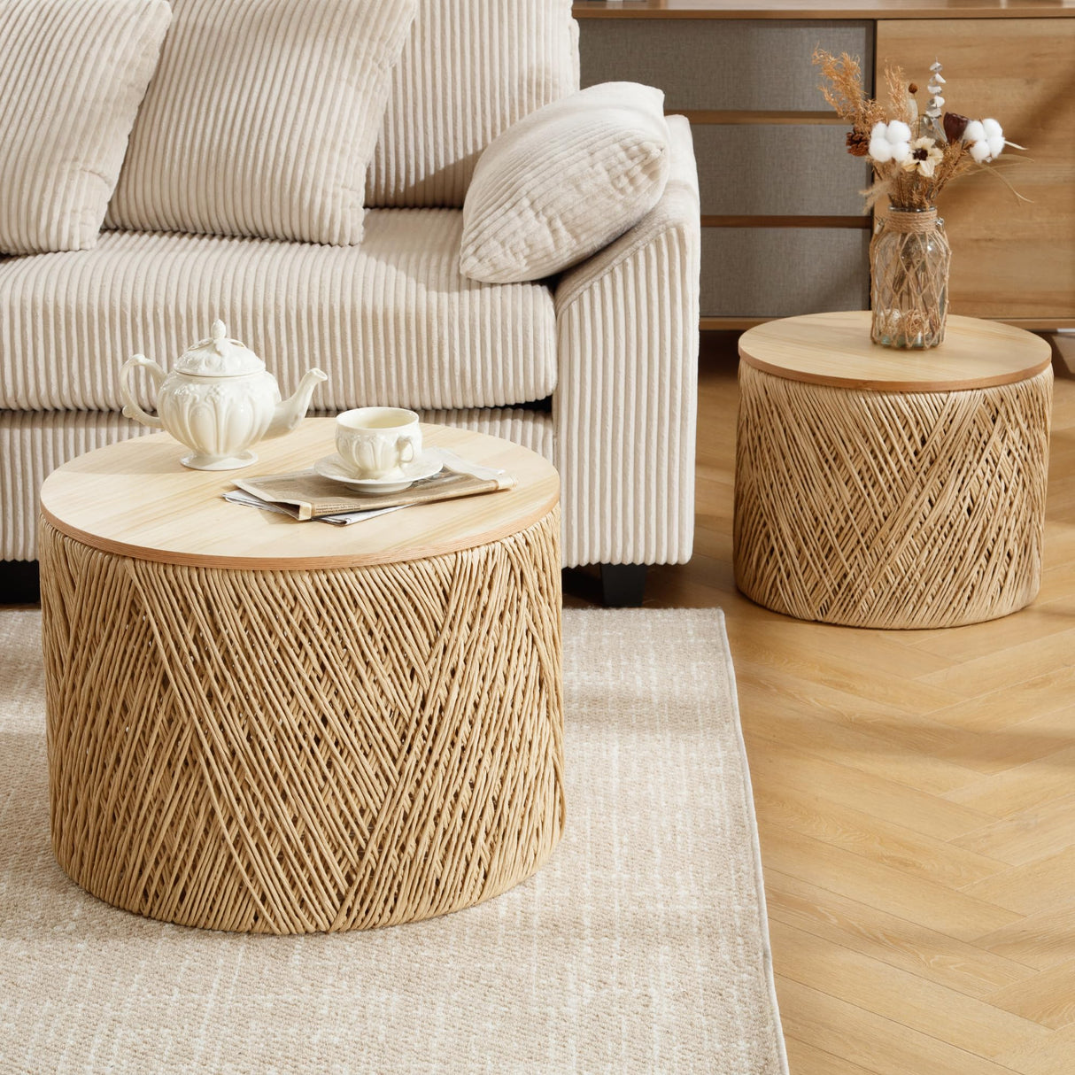 LZAREAL Farmhouse Round Coffee Table with Storage Boho Living Room Table with Lifting Top Hand-Woven Rattan Nesting Coffee Tables for Living Room, Natural LZAREAL