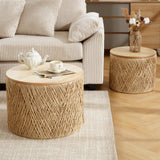 LZAREAL Farmhouse Round Coffee Table with Storage Boho Living Room Table with Lifting Top Hand-Woven Rattan Nesting Coffee Tables for Living Room, Natural LZAREAL