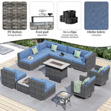 HOOOWOOO 13 Piece Patio Sectional Furniture Set with Fire Pit Table,Modern Wicker Outdoor Conversation Sofa Sets,All Weather Modular L Shaped Outside Couch Swivel Chair Set(Denime Blue) HOOOWOOO