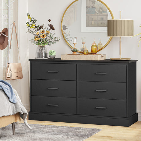 Hasuit 6 Drawer Double Dresser, Wood Storage Tower Clothes Organizer, Wide Chest of 6 Drawers, Large Storage Cabinet, Black Dresser for Bedroom, Hasuit