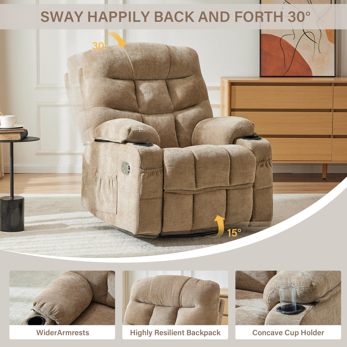 Hicosit Manual 360°Swivel Rocker Recliner Chair,Single Recliner Seat with Cup Holders,Recliner Chairs for Adults, Upholstered Fabric Lazy Boy Recliner for Bedroom,Living Room,Brown Hicosit