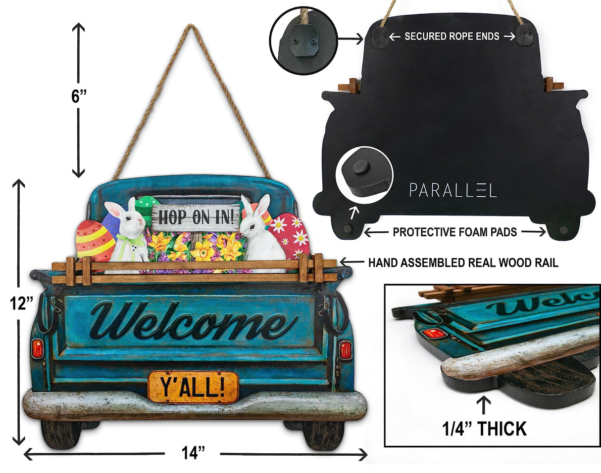 Interchangeable Welcome Sign for Front Door Blue Farmhouse Truck Decor Hanging Sign with 11 Interchangeable Seasonal and Holiday Decor Signs 12x14 in. (Blue Farmhouse Truck) Parallel Decor