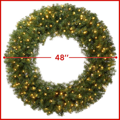 Casafield Pre-Lit Artificial Christmas Wreath for Front Door, Window or Mantel, Green Fir with White Lights Indoor/Outdoor Holiday Decor, 48 Inches