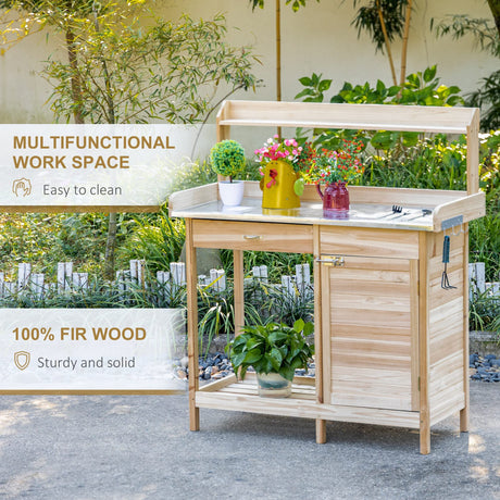 Outsunny Outdoor Potting Bench Table, Garden Work Station with Storage Cabinet, Open Shelf and Steel Tabletop, Natural Outsunny