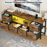 Lulive TV Stand for Bedroom, LED Rustic Brown Dresser for Living Room with 6 Fabric Drawers, 43 55in TV Stand with Power Outlet, Entertainment Center with Open Shelf Lulive