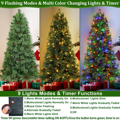 6 Ft by 40" Prelit Full Scotch Pine Christmas Tree with 200 Warm White & Colorful Change Lights Timer,555 Thick Mixed Branch Tips,33 Pinecones,8 Mode,Metal Stand,Hinged Tree Artificial Xmas Tree Decor