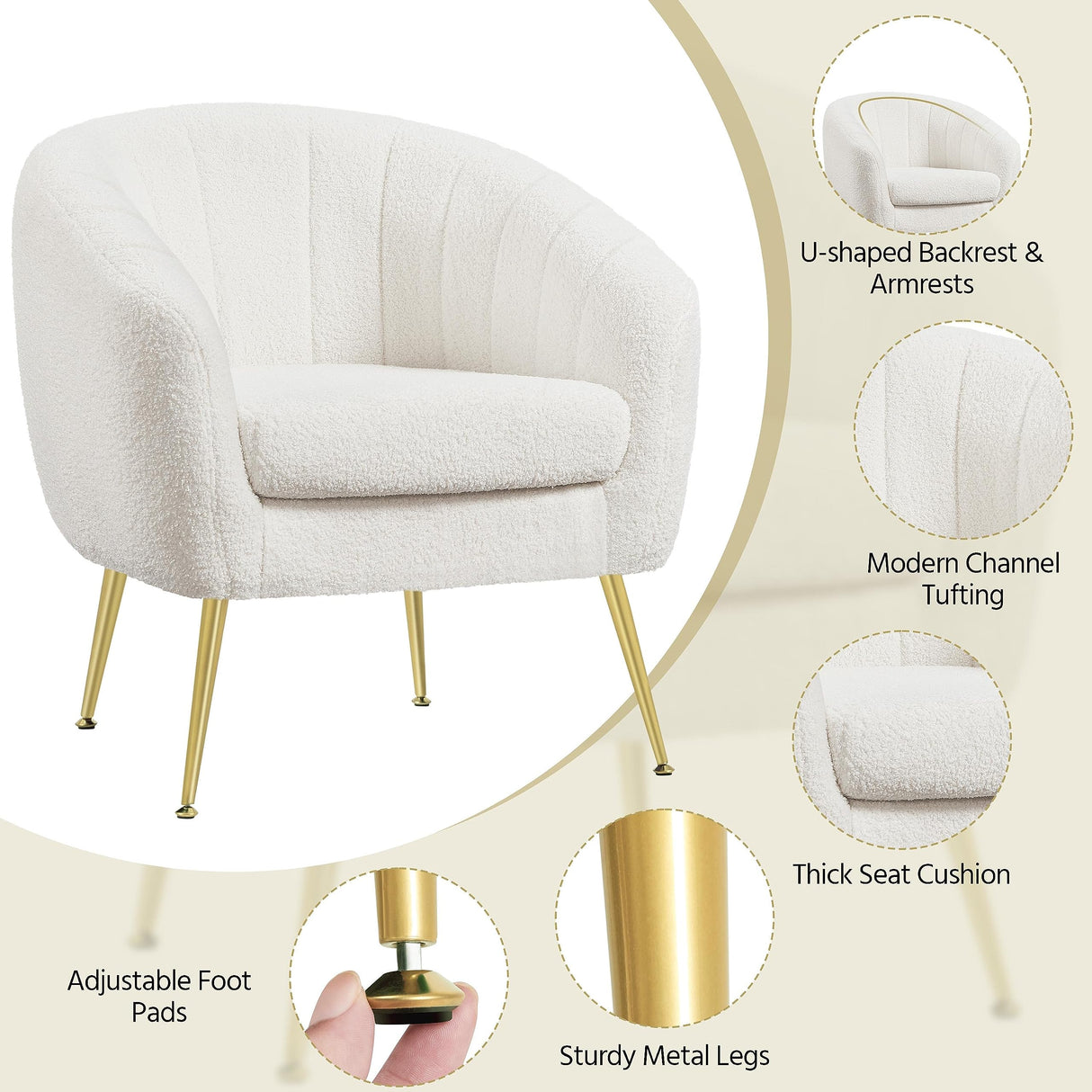Yaheetech Sherpa Fabric Accent Chair, Modern Cozy Vanity Chair with Gold Metal Legs, Boucle Fabric Armchair with Removable Seat Cushion for Living Room Bedroom Office Guest Room, Ivory Yaheetech