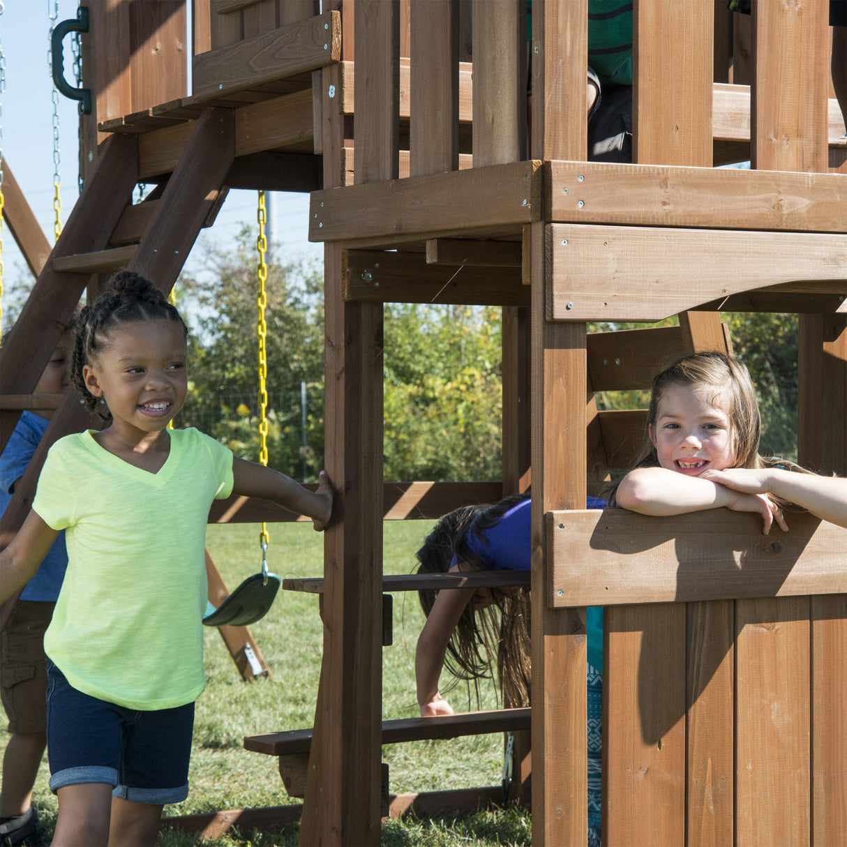 Swing-N-Slide WS 8357 Elkhorn Swing Set with Slide, Climbing Wall & Swings, Wood Swing-N-Slide