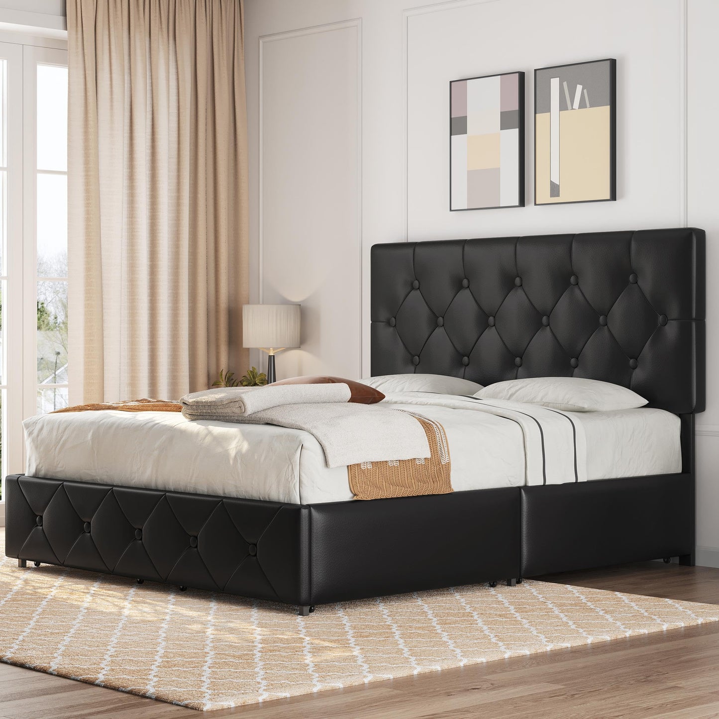 Yaheetech Queen Size Faux Leather Upholstered Bed Frame with 4 Storage Drawers and Adjustable Headboard - WoodArtSupply