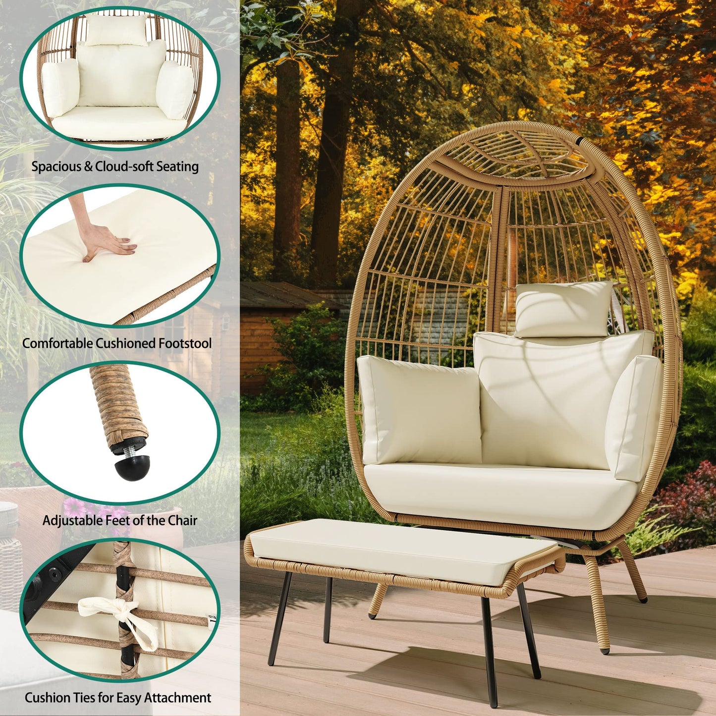 YITAHOME Wicker Outdoor Egg Chair with Footrest Patio Oversized Lounger Chair with Ottoman, Cushions, Outdoor Indoor Basket Chair - Beige