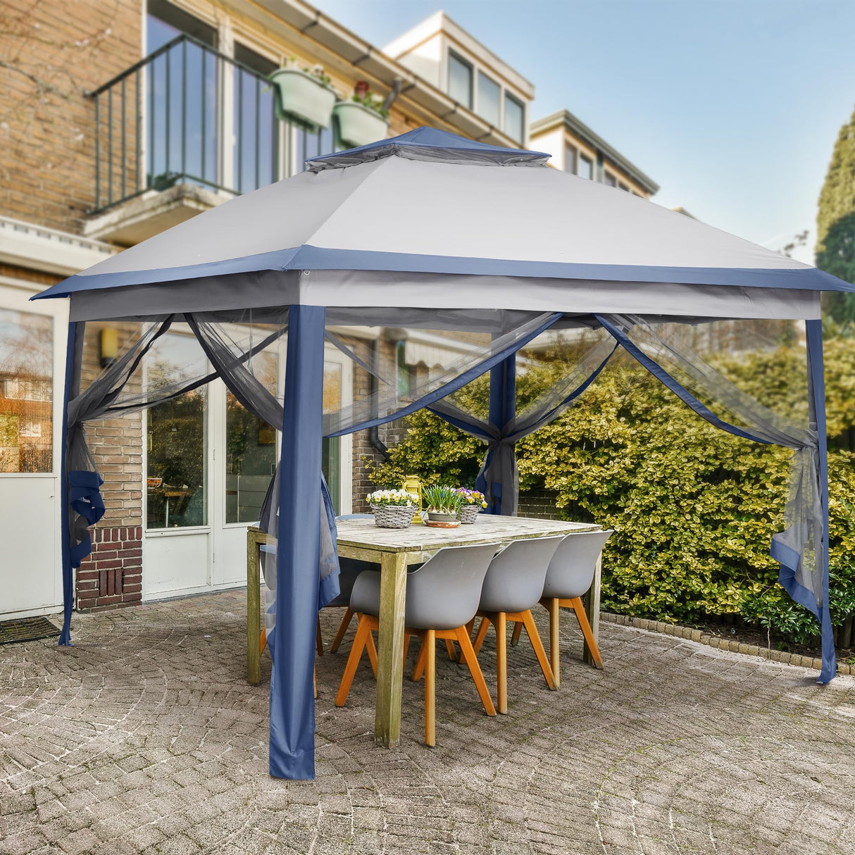 GDY 11x11 Pop Up Canopy Tent, Outdoor Canopy with Netting, Outdoor Gazebo for Backyard, Tent with Wheeled Cover Bag, Blue. GDY