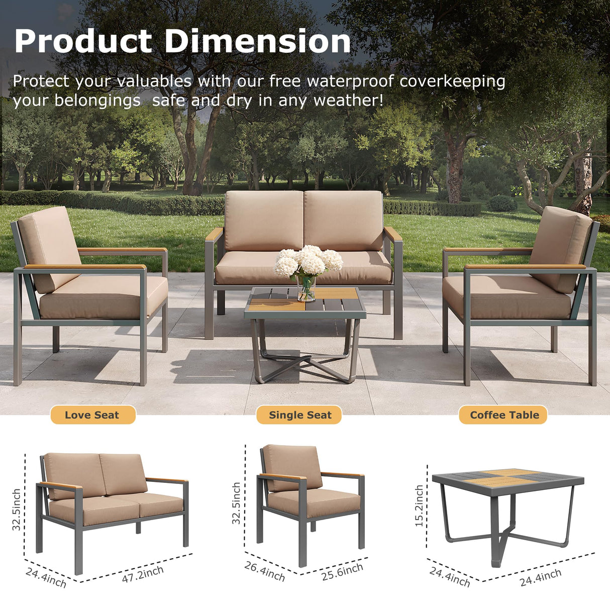 MAISON BACKYARDS MBY 5-Piece Modern Patio Furniture Set with Fire Pit Table, Metal Outdoor Sectional with Cushions & Wood-Like Armrests, Cozy Conversation Set for Porch, Balcony, Garden, Yard-Brown MAISON BACKYARDS