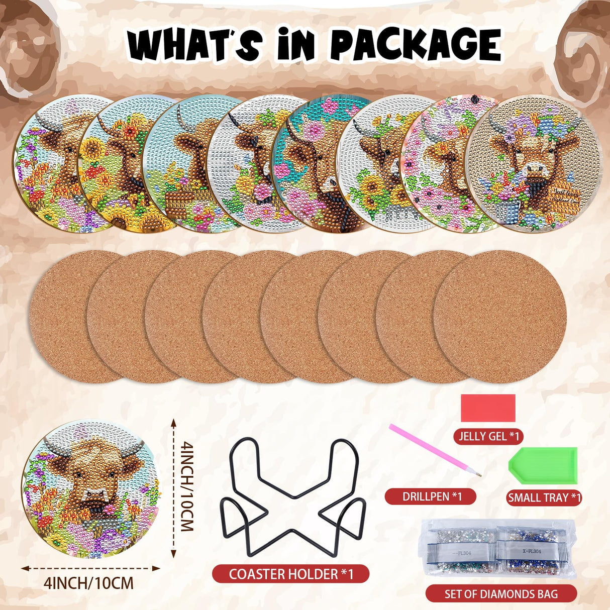 Sitsink Highland Cow Diamond Painting - 8 Pcs Highland Cow Lover Diamond Painting Coaster Kits for Adults, DIY Coasters Diamond Painting Kits Highland Cattle, Diamond Painting Coaster Kits with Holder Sitsink