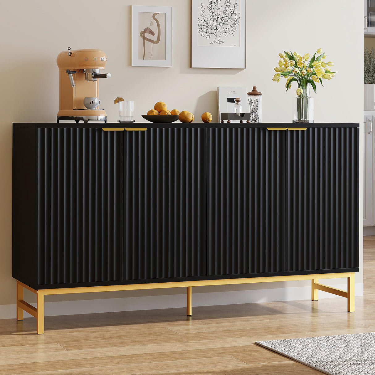 Luoxiao Fluted Sideboard Buffet 55" Console Table for Entryway Modern Credenza Accent Cabinet with Adjustable Shelves Coffee Bar Cabinet for Living Room, Kitchen, Dining Room,Hallway Black Luoxiao