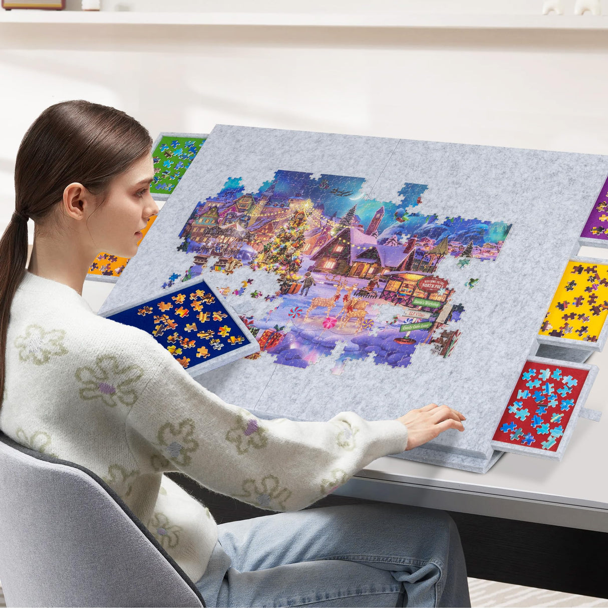 Lavievert 2000 Pieces Portable Jigsaw Puzzle Board with 6 Drawers & Trays, Tilting Puzzle Table with 2-in-1 Puzzle Stand & Cover, Lightweight Puzzle Storage Saver with Puzzle Easel- Light Gray LAVIEVERT