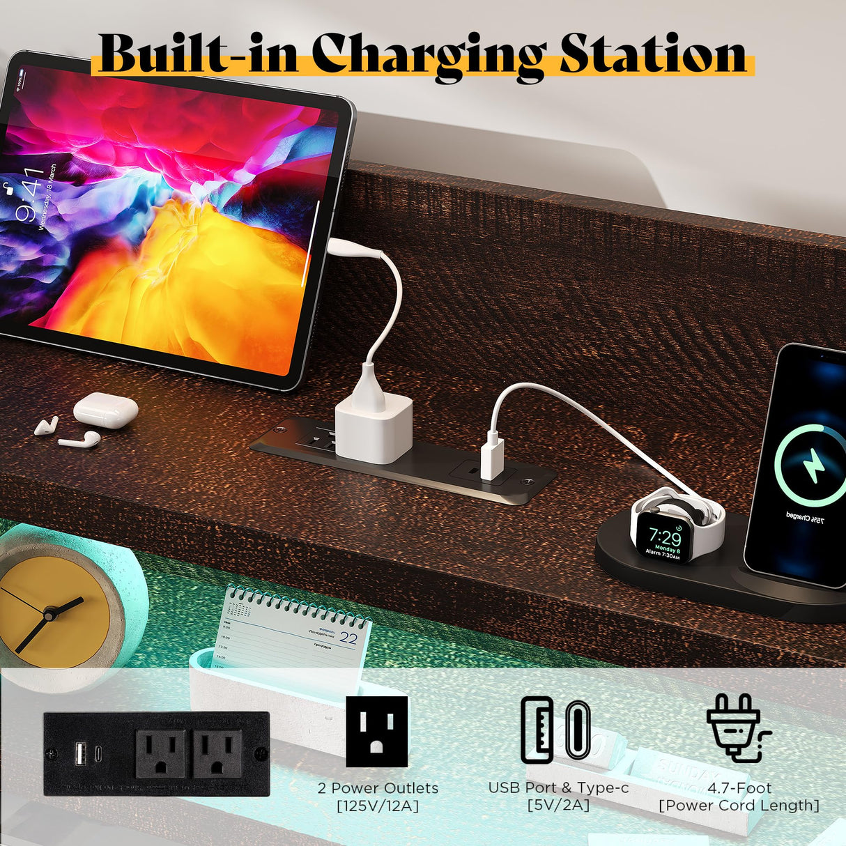 LUXOAK Twin Farmhouse Bed Frame with Bookcase Headboard and 4 Drawers, LED Storage Bed with Charging Station & Linen Upholstered, No Box Spring Needed, Reclaimed Barnwood LUXOAK