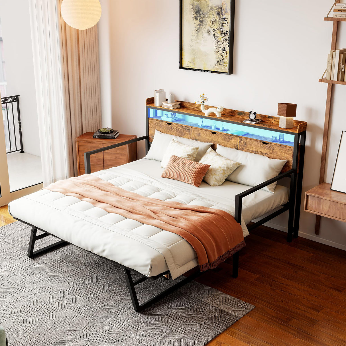 Betterhood Daybed with Trundle, Twin to King Bed Daybed Trundle Bed, Heavy Duty Metal Bed Frame with Storage Headboard & Charging Station, Day Bed Frame for Living Room Bedroom Guest Room Betterhood