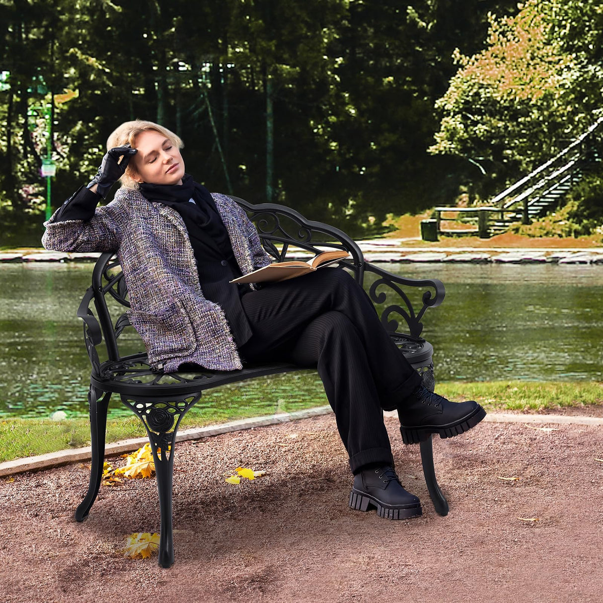 VEVOR Outdoor Bench, 480 lbs Load Capacity Bench, 38.8 inches Metal Garden Bench for Outdoors,Outdoor Garden Park Bench with Backrest and Armrests, Patio Bench for Garden, Park, Yard, Front Porch VEVOR