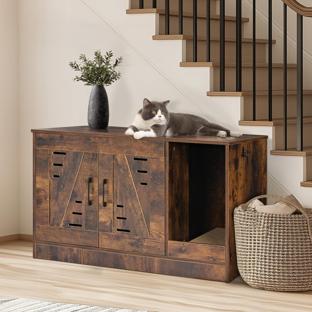 JubiNatural Cat Litter Box Enclosure, Hidden Cat Litter Box Furniture with Vent and Scratch Pad, Enclosed Odor Control, Easy Clean Panel, for Bedroom, Living Room, Rustic Brown JubiNatural