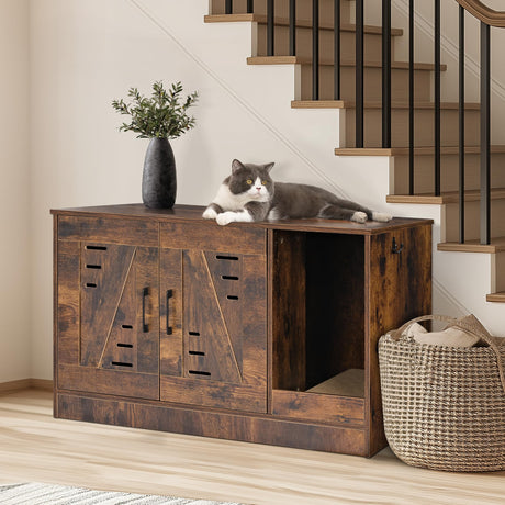 JubiNatural Cat Litter Box Enclosure, Hidden Cat Litter Box Furniture with Vent and Scratch Pad, Enclosed Odor Control, Easy Clean Panel, for Bedroom, Living Room, Rustic Brown JubiNatural