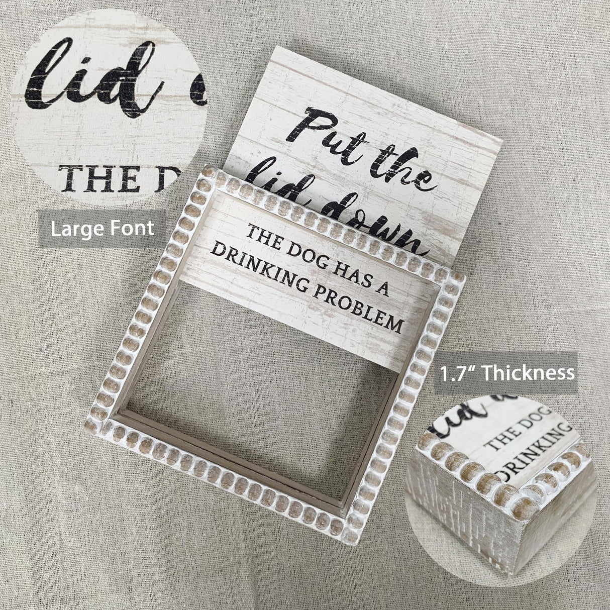 Please Close the Lid the Dog Has A Drinking Problem Funny Bathroom Signs, 6.3" White Decorative Plaque Dog Home Rustic Farmhouse Bathroom Shleves Decor, Wooden Framed Small House Decorations Fenisam