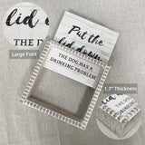 Please Close the Lid the Dog Has A Drinking Problem Funny Bathroom Signs, 6.3" White Decorative Plaque Dog Home Rustic Farmhouse Bathroom Shleves Decor, Wooden Framed Small House Decorations Fenisam