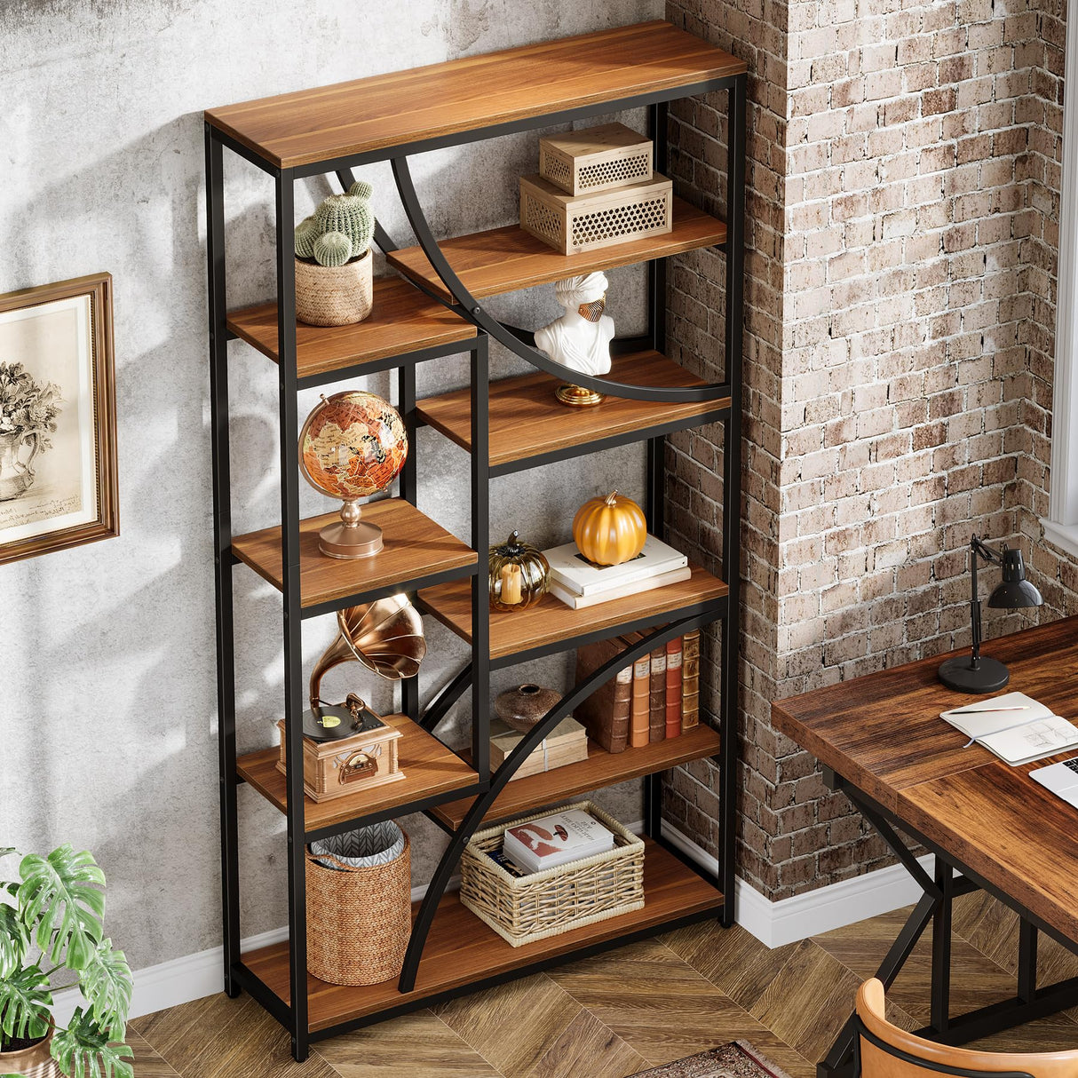 Tribesigns 70.87'' Tall Bookshelf, 9-Tier Industrial Etagere Bookcase, Large Geometric Bookshelves with Open Shelf, Wood & Metal Freestanding Display Shelf for Living Room, Brown & Black Tribesigns