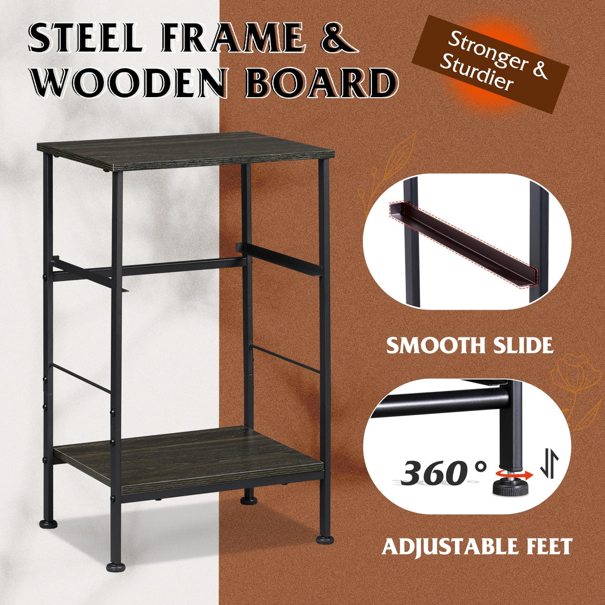 WLIVE Night Stand Set 2, Black Nightstand with Fabric Storage Drawer and Open Wood Shelf, Nightstand Set of 2 with Steel Frame, Side Table for Bedroom, Dorm, Charcoal Black, 25.03" Height WLIVE