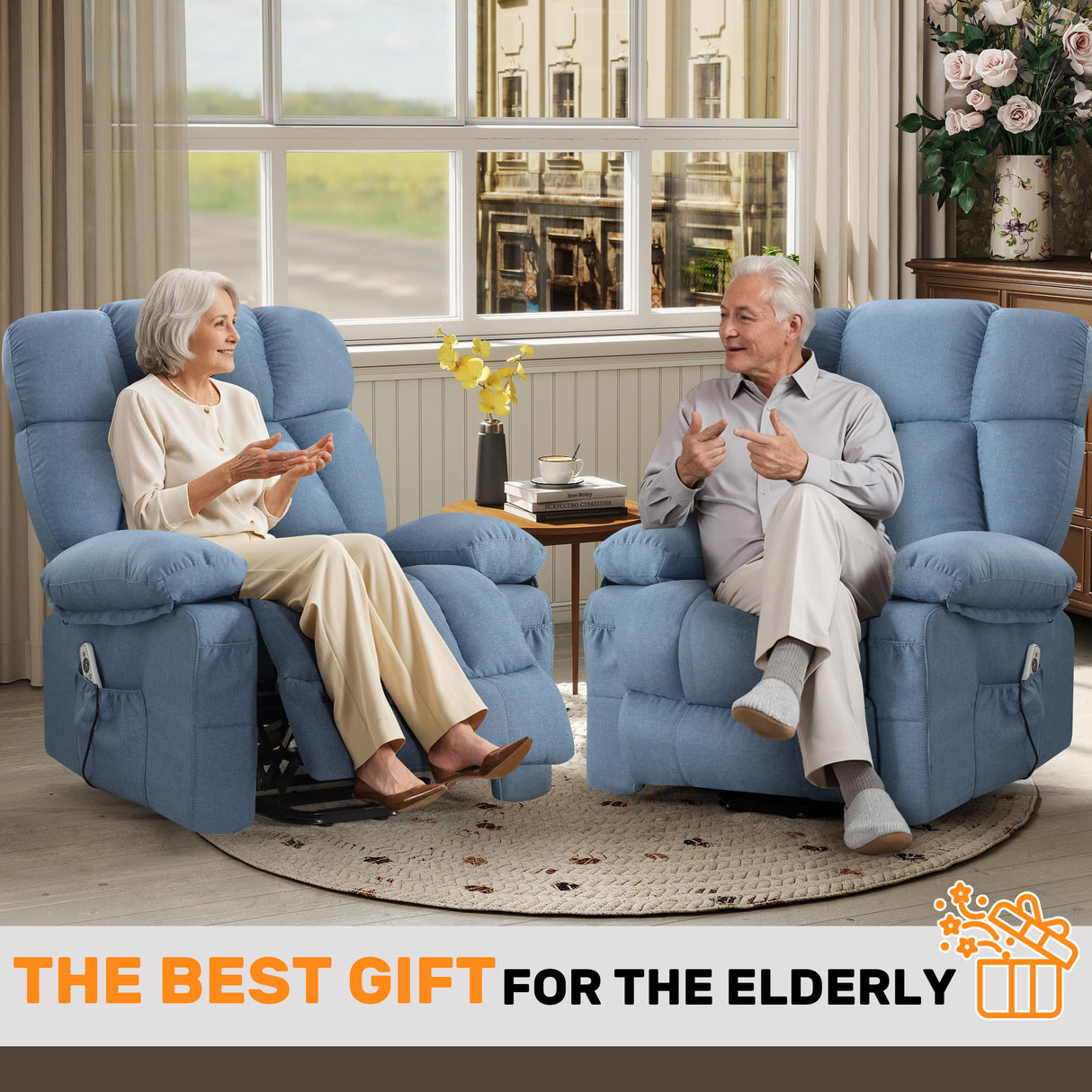 Sofetura Power Lift Recliner Chair with Vibration Massage&Heat for Elderly,Upholstered Breathable Fabric Lounge Chair with Side Pockets, USB Charge Port for Living Room,Only One Package,Blue Sofetura