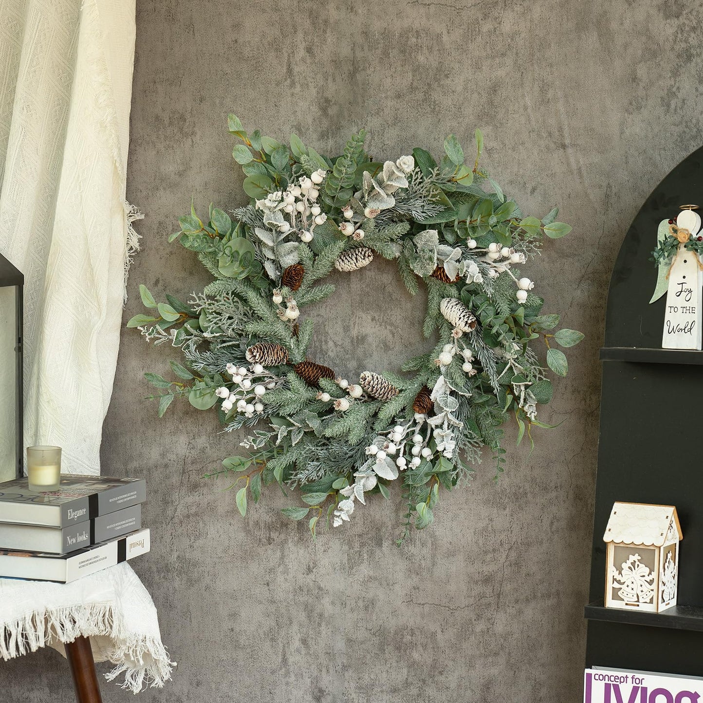 Christmas Wreath for Door, Soomeir Large Size Winter Wreaths with Berries, Christmas Poinsettia and Velvet Bow, for Home Wall Window Porch Indoor Outdoor