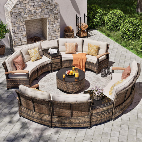 MEISSALIVVE 11 Piece Outdoor Patio Furniture Set, Half-Moon Curved Sectional Sofa Rattan Conversation Set with Wood Armrests, Coffee Table & 2 Side Table（Brown） MEISSALIVVE