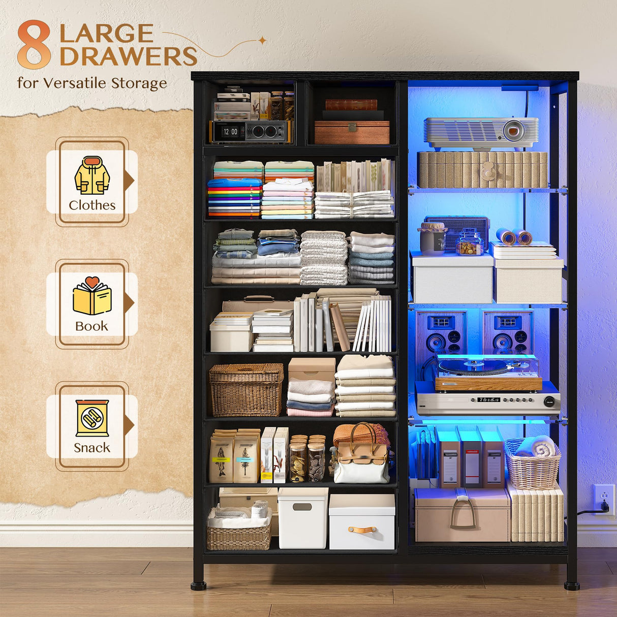 EnHomee 54" H Dresser for Bedroom with LED Lights & Power Outlets Dresser with 8 Drawers Fabric Dressers & Chests of Drawers for Bedroom, Sturdy Metal Frame, Acrylic Plates (Charcoal Black) EnHomee