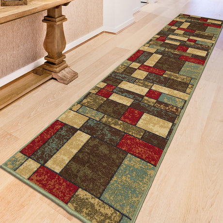 Machine Washable Boxes Design Non-Slip Rubberback 3x10 Traditional Runner Rug for Hallway, Kitchen, Bedroom, Living Room, 2'7" x 9'10", Boxes Multicolor Ottomanson