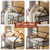 LIKIMIO Bunk Bed Twin XL Over Twin XL, Metal Bunk Bed Frame with Ladder and Guardrail, House Shaped with Metal Slats for Dormitory and Bedroom, Space Saving, No Box Spring Needed, Black LIKIMIO