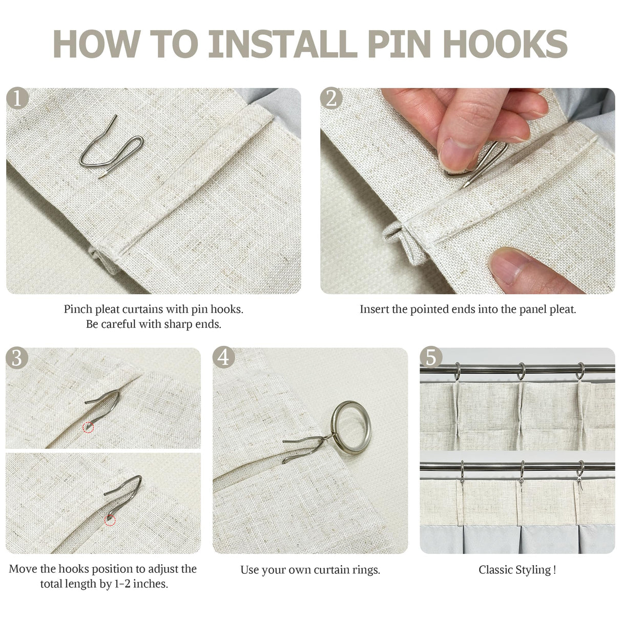 Vision Home Natural Pinch Pleated Full Blackout Curtains Linen Blended Room Darkening Window Curtains 108 inch for Living Room Bedroom Thermal Insulated Pinch Pleat Drapes with Hooks 40" Wx108 Lx2 Vision Home