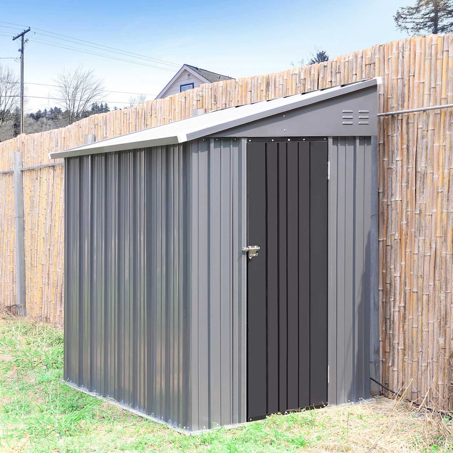 VEIKOU 4' x 8' Outdoor Storage Shed, Lean-to Shed Kit with Thickened Galvanized Steel, Small Metal Shed with Lockable Door, Patio Garden Tools Shed Utility Bike Storage w/Air Vents, Grey & Bl - WoodArtSupply