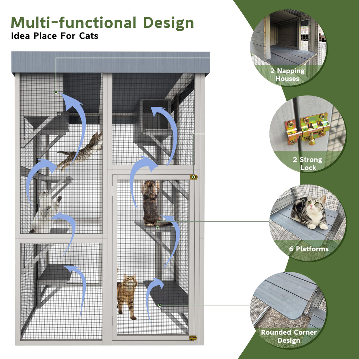 YZU 70.5'' Outdoor Cat Catio Enclosures Large Wooden Cat House Patio for Indoor Cats Feral Cat Shelter with 6 Jumping Platforms & 2 Napping Houses, Removable Waterproof Cover, UV Resistant Gray YZU