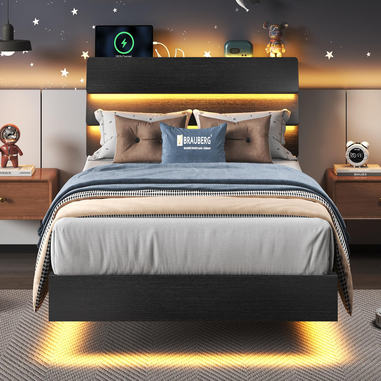 Feonase Twin Floating Bed Frame with Led Lights and Charging Station, Wood Twin Size Bed Frame with Storage Headboard, Heavy Duty Metal Slats, No Box Spring Needed, Easy Assembly, Black Feonase