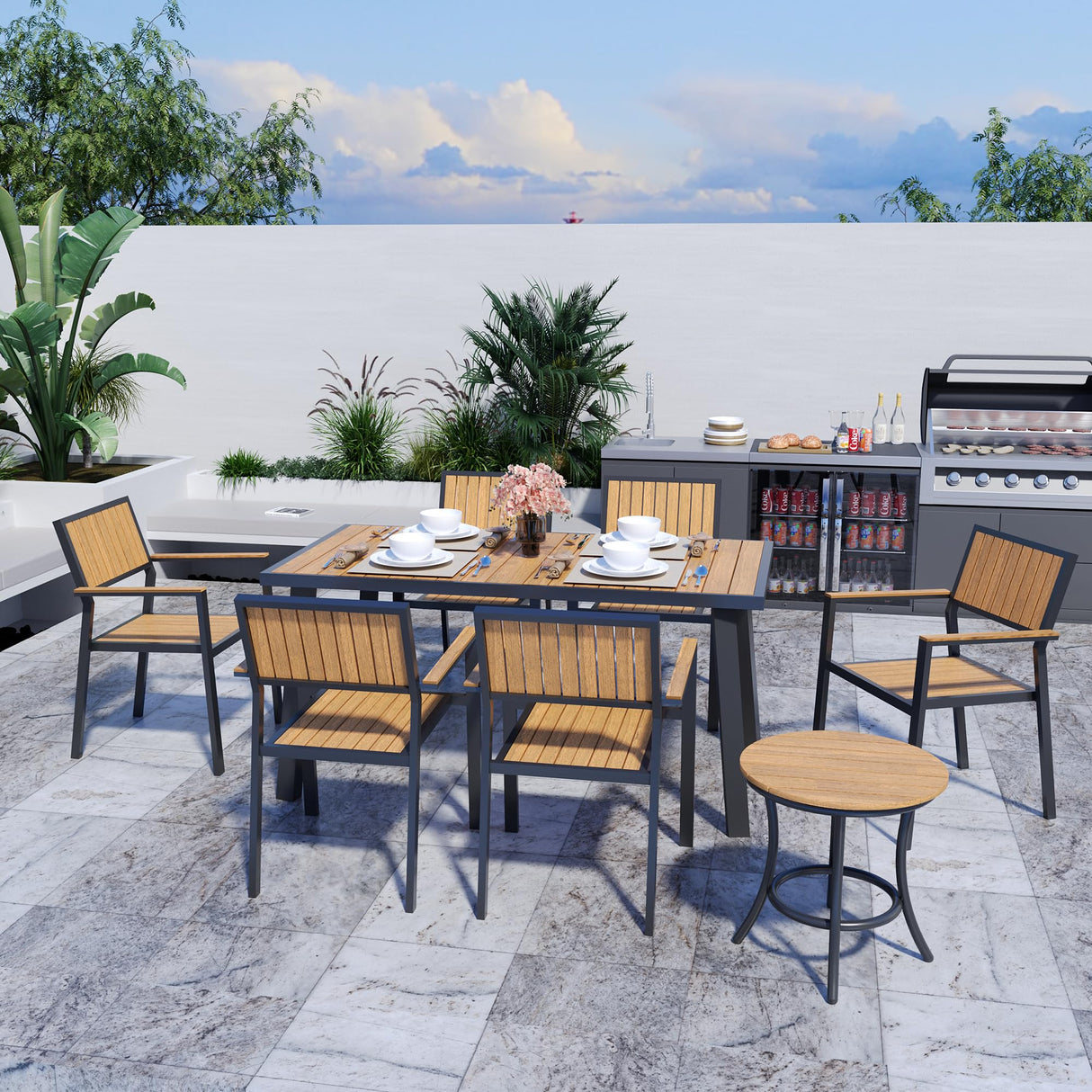 Pamapic 8-Piece Patio Dining Set，Outdoor Aluminum Furniture Set with Plastic-Wood Table Top,Outdoor Furniture Set with 6 Outdoor Stackable Chairs for Patio Garden Poolside (Teak) Pamapic