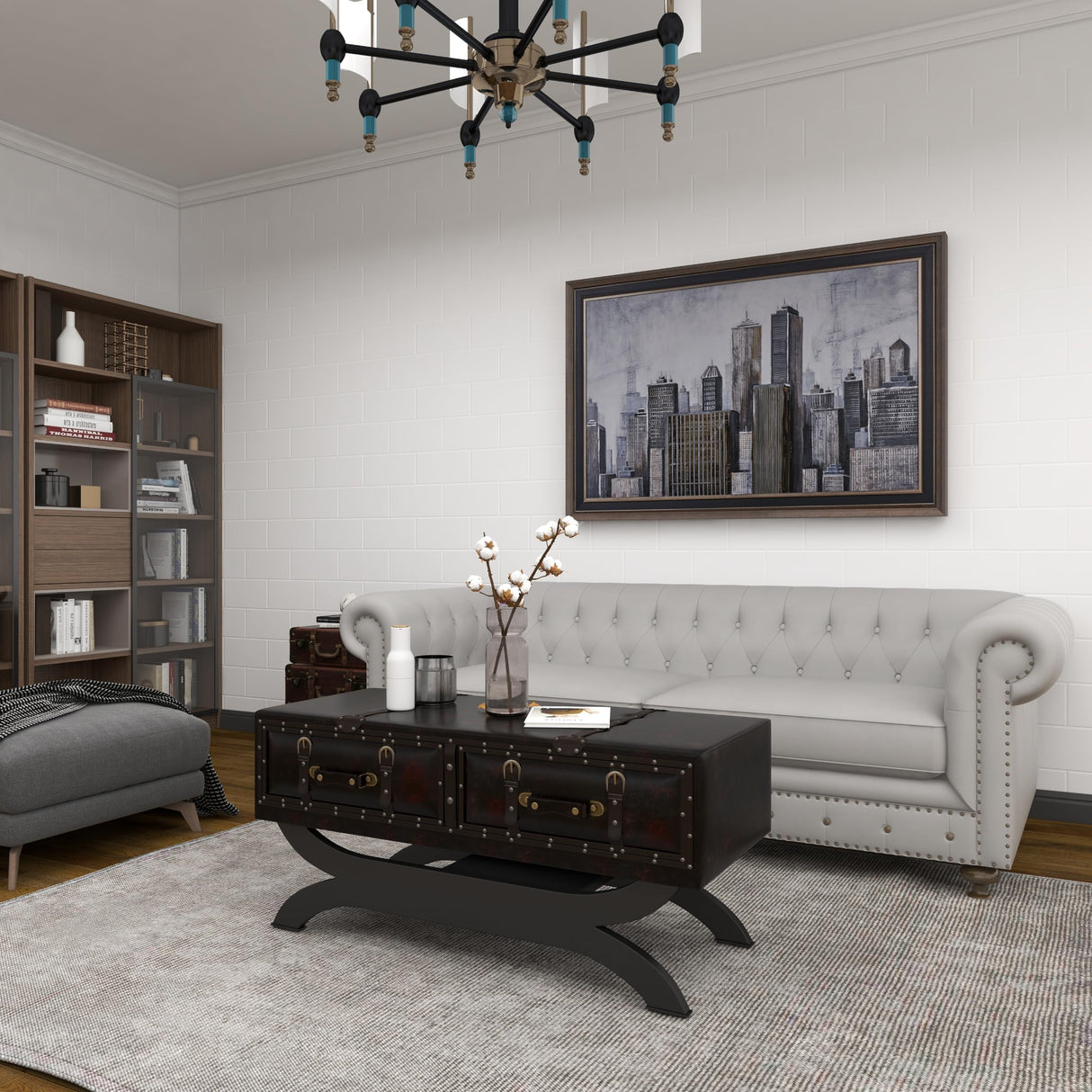 Deco 79 Faux Leather Living Room Coffee Table Vintage Faux Leather 2 Drawer Table with Curved Style Leg Stand, Center Table 40" x 19" x 21", Brown Deco 79