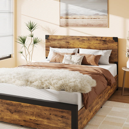 IDEALHOUSE Rustic Brown Queen Bed Frame with 4 Storage Drawers and Wooden Headboard - WoodArtSupply