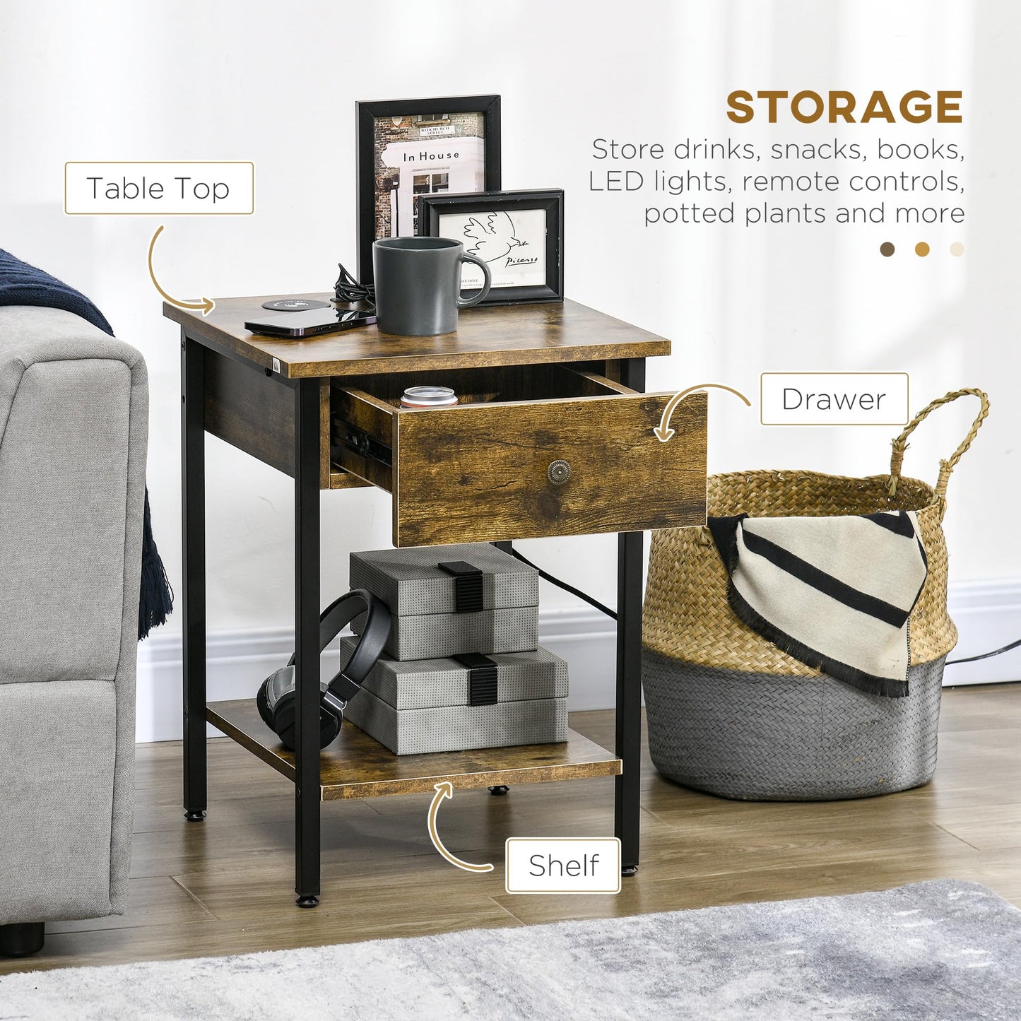 HOMCOM End Table with Wireless Charging Station and 2 USB Ports, Small Side Table with 2-Tier Storage, Drawer for Living Room, Bedroom, Rustic Brown - WoodArtSupply