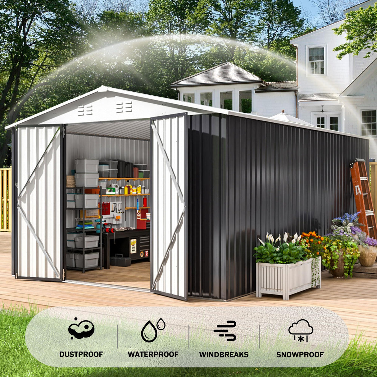 Polar Aurora 10x14 FT Outdoor Storage Shed, Metal Garden Shed with Updated Frame Structure, Tool Sheds for Backyard Garden Patio Lawn White Polar Aurora