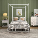 JURMERRY Metal Canopy Bed Frame Four-Poster Bed with Headboard & Footboard Mattress Foundation Sturdy Slatted Structure No Box Spring Needed Easy Assembly,Full White JURMERRY