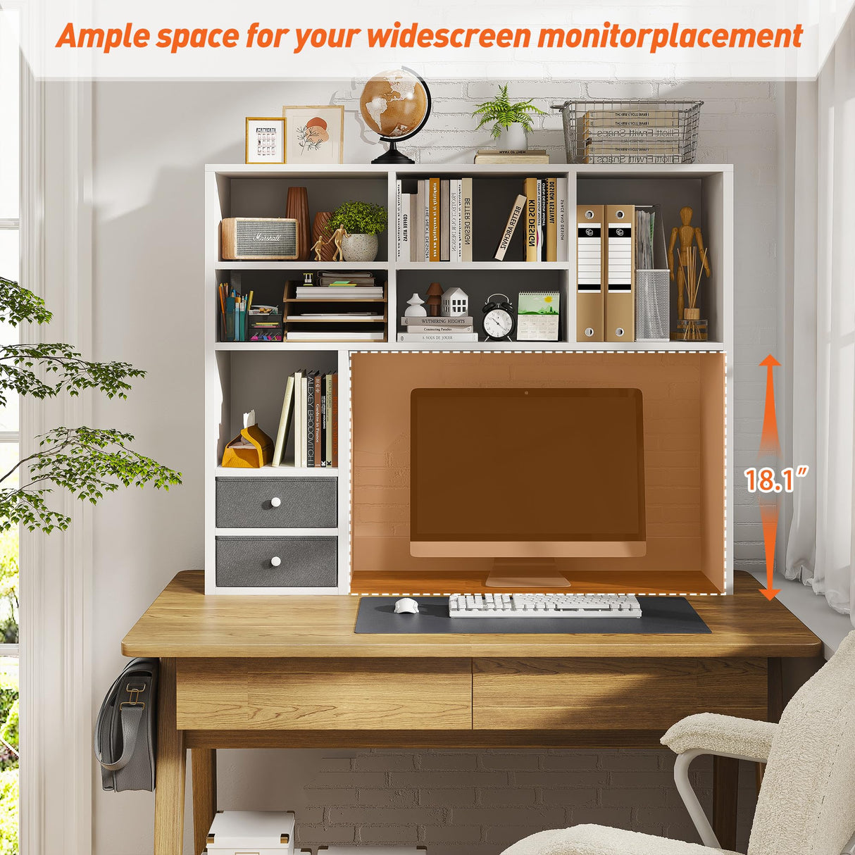 REIBII High-Capacity Desktop Bookshelf with 8 Shelves and 2 Drawers - Adjustable Desk Organizer in White REIBII