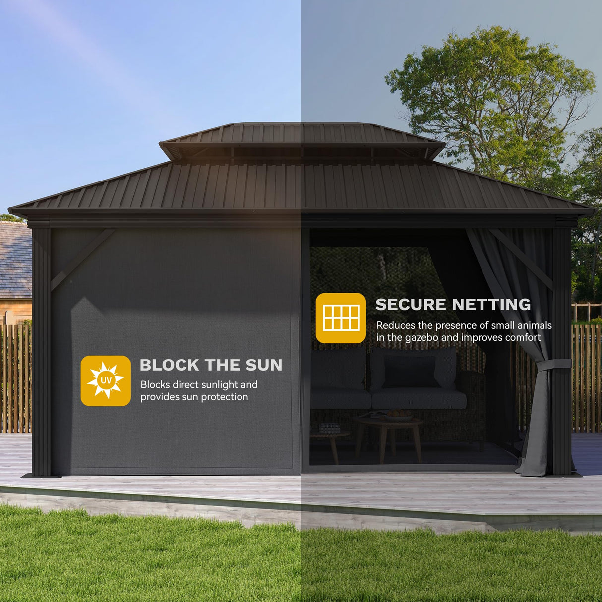 DWVO 12x16ft Gazebo Double Roof Hardtop with Nettings and Curtains, Heavy Duty Galvanized Steel Outdoor Vertical Stripes Roof for Patio, Backyard, Deck, Lawns, Grey DWVO