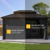 DWVO 12x16ft Gazebo Double Roof Hardtop with Nettings and Curtains, Heavy Duty Galvanized Steel Outdoor Vertical Stripes Roof for Patio, Backyard, Deck, Lawns, Grey DWVO