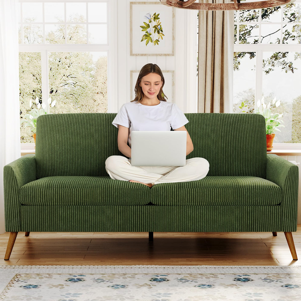 AMICLIBER 68" Loveseat Sofa, Comfy Green Corduroy Couches for Living Room, Mid Century Modern Love Seat Sofa, Tool-Free Setup Small Couches for Bedroom Office AMICLIBER
