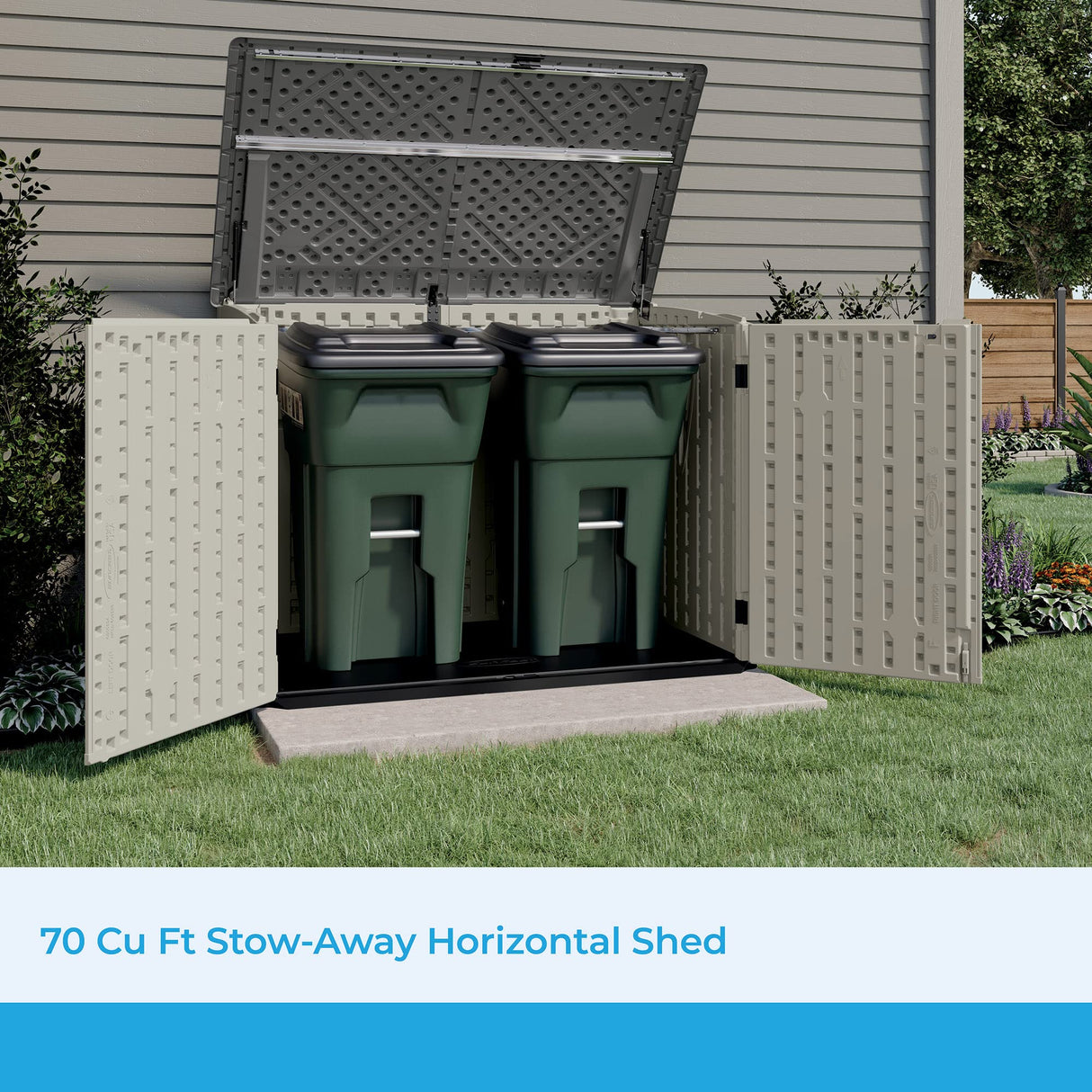 Suncast 5.9 ft. x 3.7 ft Horizontal Stow-Away Storage Shed - Natural Wood-like Outdoor Storage for Trash Cans and Yard Tools - All-Weather Resin, Hinged Lid, Reinforced Floor - Vanilla and Stoney Suncast