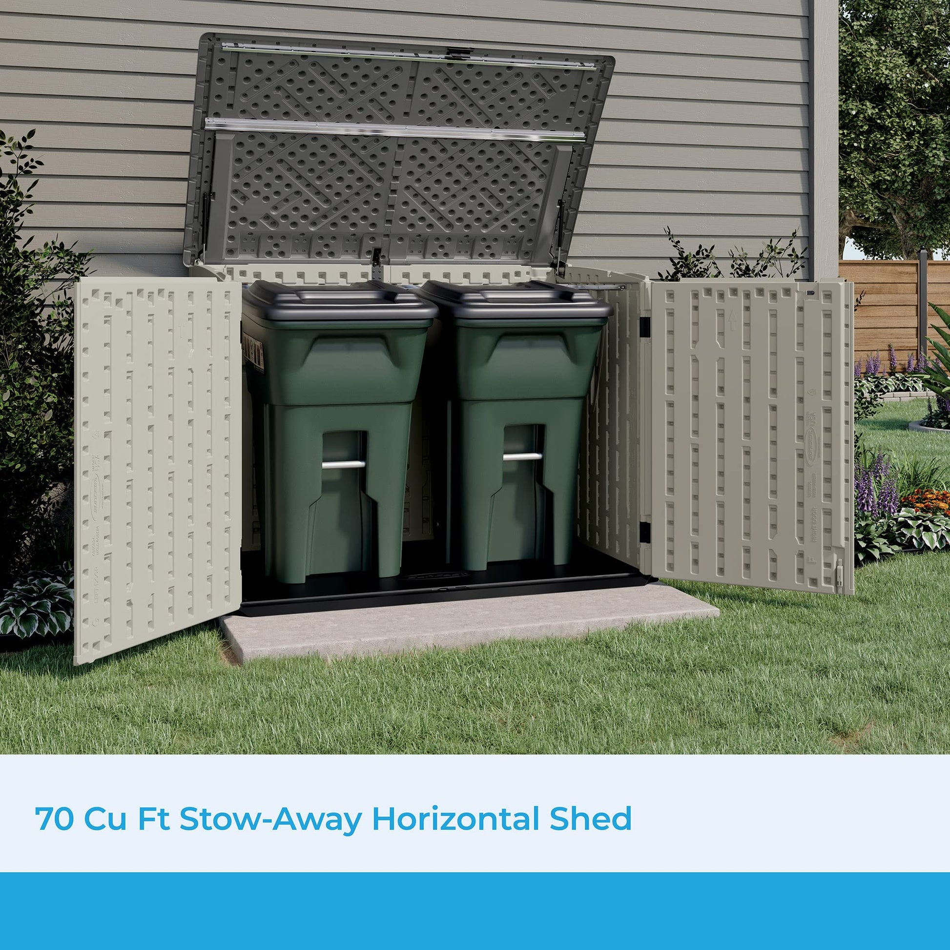 Suncast 5.9 ft. x 3.7 ft Horizontal Stow-Away Storage Shed - Natural Wood-like Outdoor Storage for Trash Cans and Yard Tools - All-Weather Resin, Hinged Lid, Reinforced Floor - Vanilla and St - WoodArtSupply